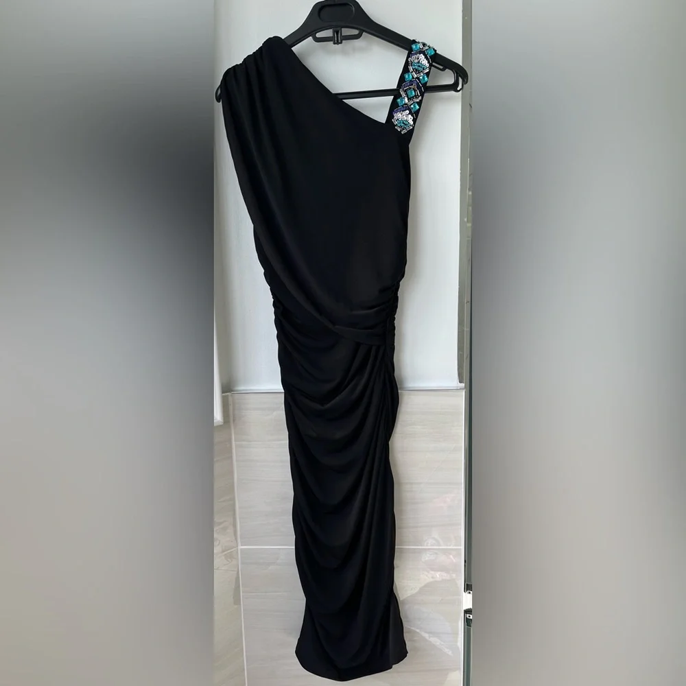Marciano Knee Length Black One Shoulder Embellished Strap Bodycon Dress - Picture 4 of 14